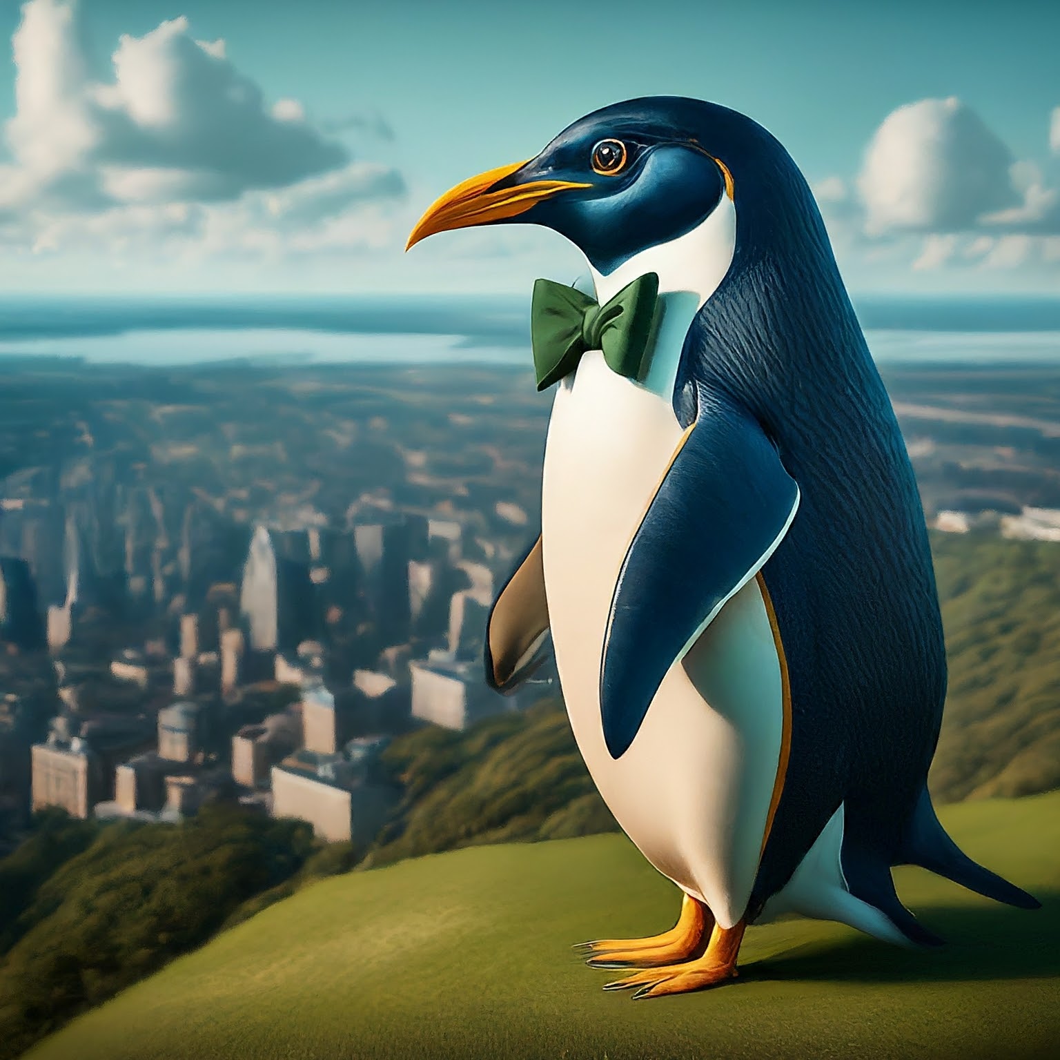 penguin-overlooking-city-in-green-bow-tie